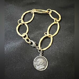 Gold tone and Silver Chain Bracelet with Catholic Pope Paulus VI Coin Charm